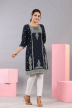 Juniper Women Navy Blue Rayon Printed Knee Length Straight Kurta | Grocsy