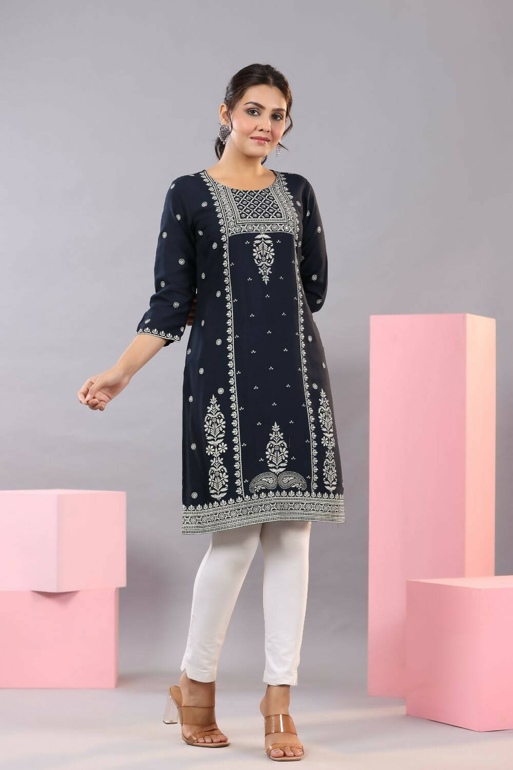 Juniper Women Navy Blue Rayon Printed Knee Length Straight Kurta | Grocsy