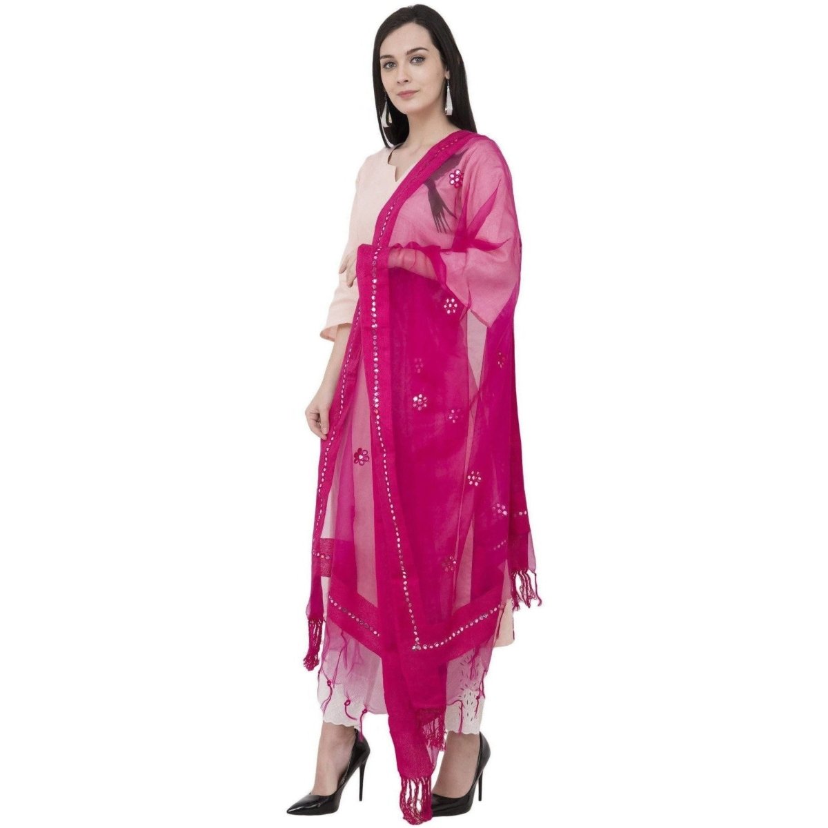 A R Silk Orgenza Flower Mirror Fancy Dupatta Color Rani Dupatta or Chunni | Grocsy