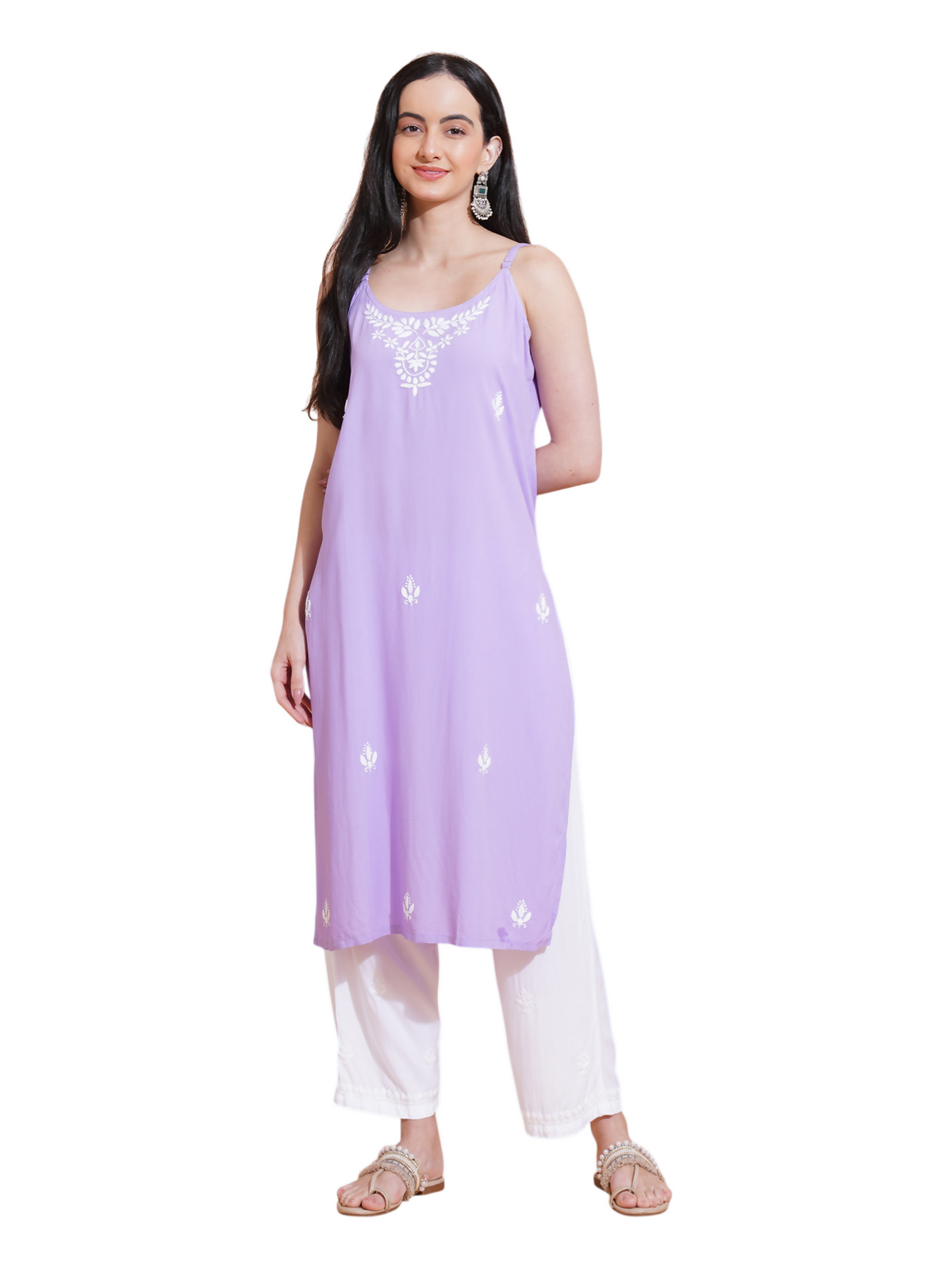 Pahnaz Luxury Rayon Chikankari Sleeveless Long Kurti-Lavender | Grocsy