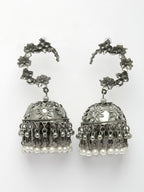 NVR Women's Silver Plated Pearl Beaded Oxidised Contemporary Jhumka Earrings | Grocsy