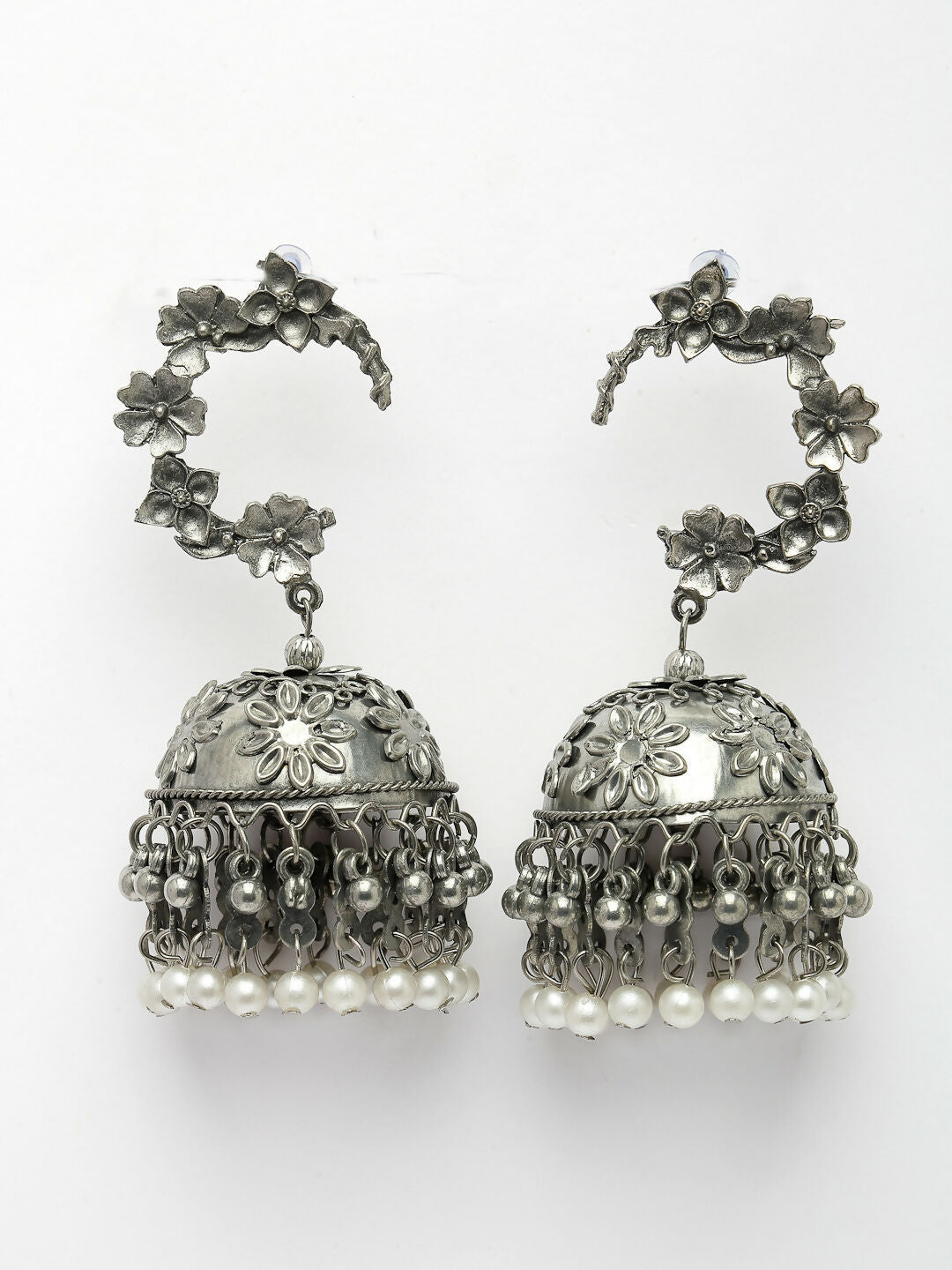 NVR Women's Silver Plated Pearl Beaded Oxidised Contemporary Jhumka Earrings | Grocsy