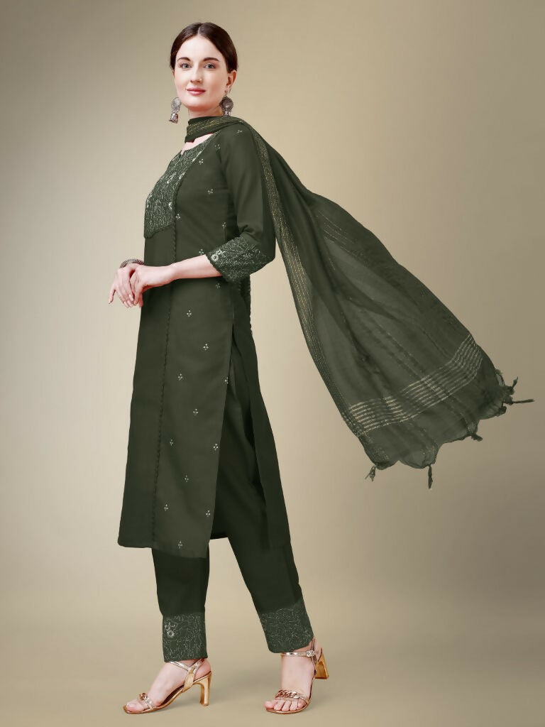 Jyoti Fashion Women's Dark Green Cotton Blend Embroidery & Fancy Lace work Kurta with Trouser & Dupatta | Grocsy