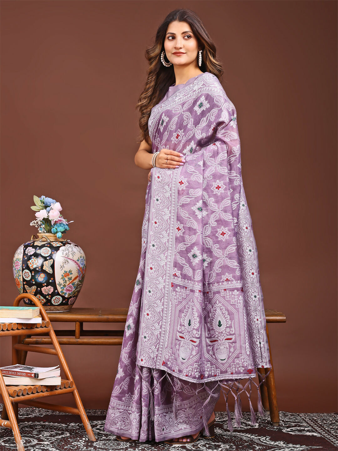 Shree Shyam Fashion Pankhuri Purple Linen Cotton Saree | Grocsy