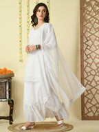 Myshka Women's White Georgette Kurti & Skirt With Dupatta Party Sets | Grocsy