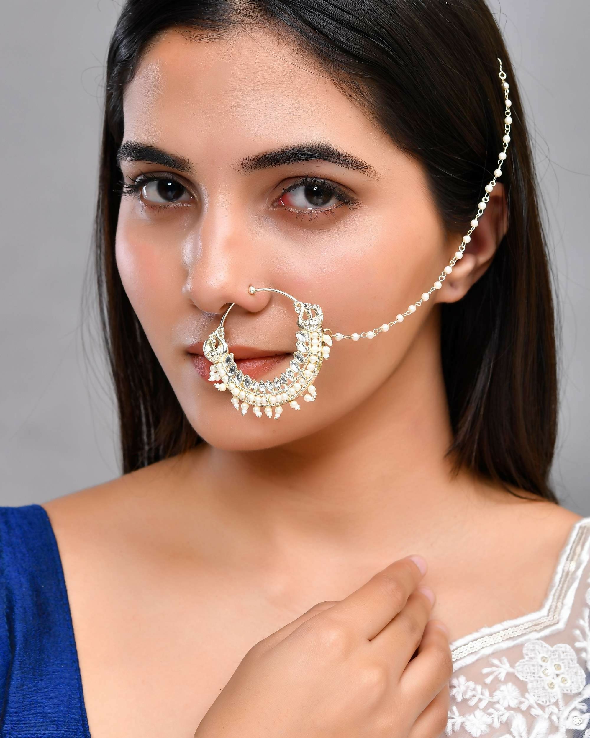 VOJ Gold-Polished With Pearl Indian Nose Pin | Grocsy