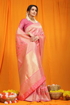 Jyoti Fashion Women's Pink Kanjivaram Silk Zari Woven Saree with Blouse | Grocsy