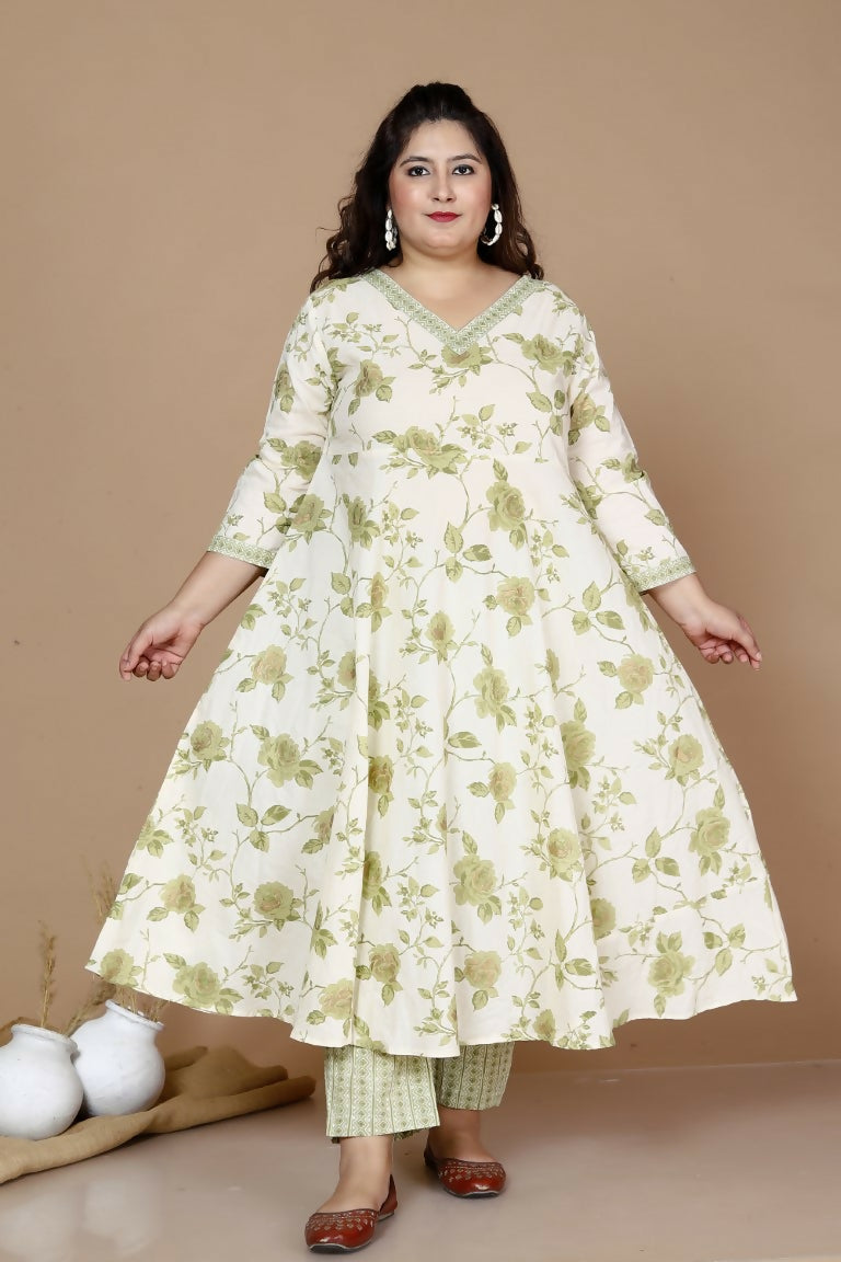 Miravan Women's Plus Size Green Printed Pure Cotton Kurta With Palazzo | Grocsy