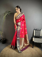 Joban Fashion Pink Intricate Zari Weaving Soft Silk Banarasi Saree | Grocsy