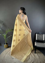 Joban Fashion Yellow Floral & Paisley Linen Silk Banarasi Saree | Grocsy