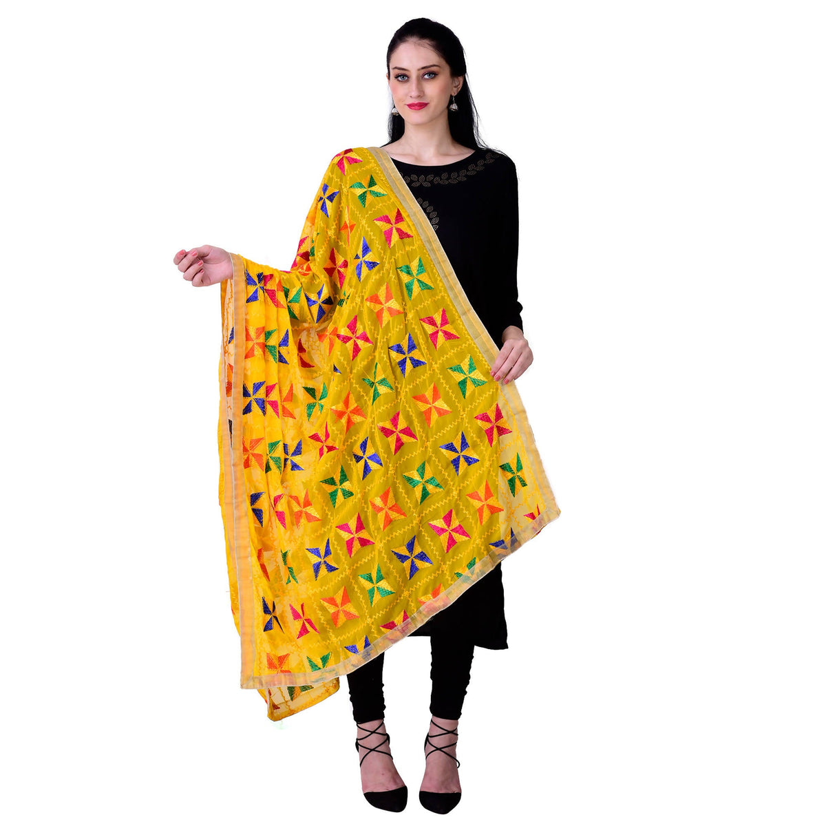 SWI Stylish Women's Embroidered Phulkari Chiffon Yellow Dupatta | Grocsy