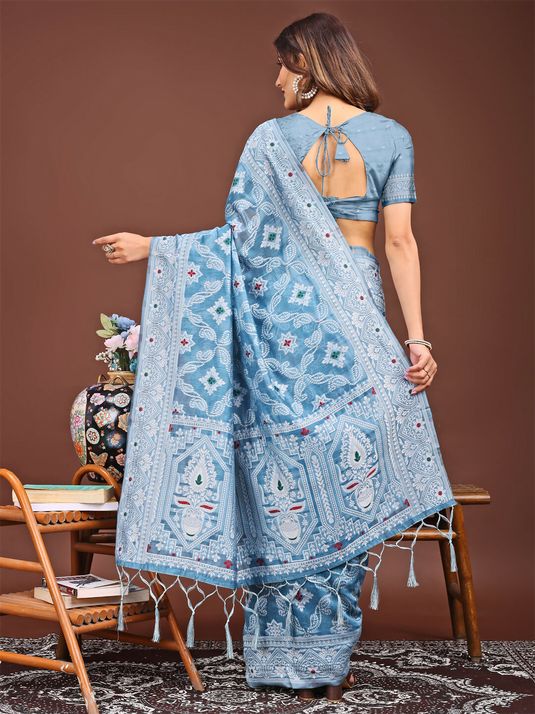 Shree Shyam Fashion Pankhuri Sky Blue Linen Cotton Saree | Grocsy