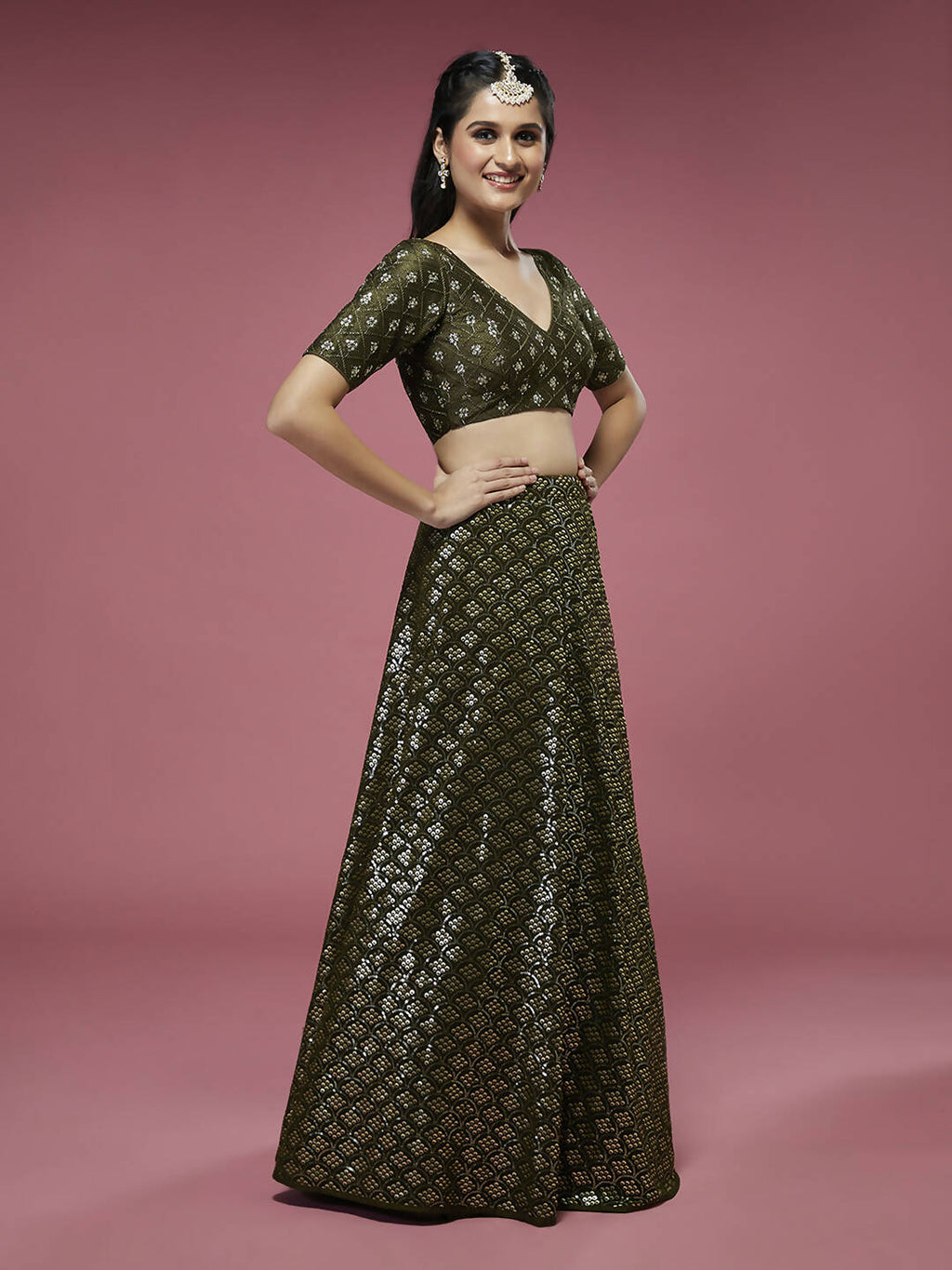 House of Panchhi Olive Georgette Sequinse Embroidered Lehenga & Blouse with Dupatta | Grocsy