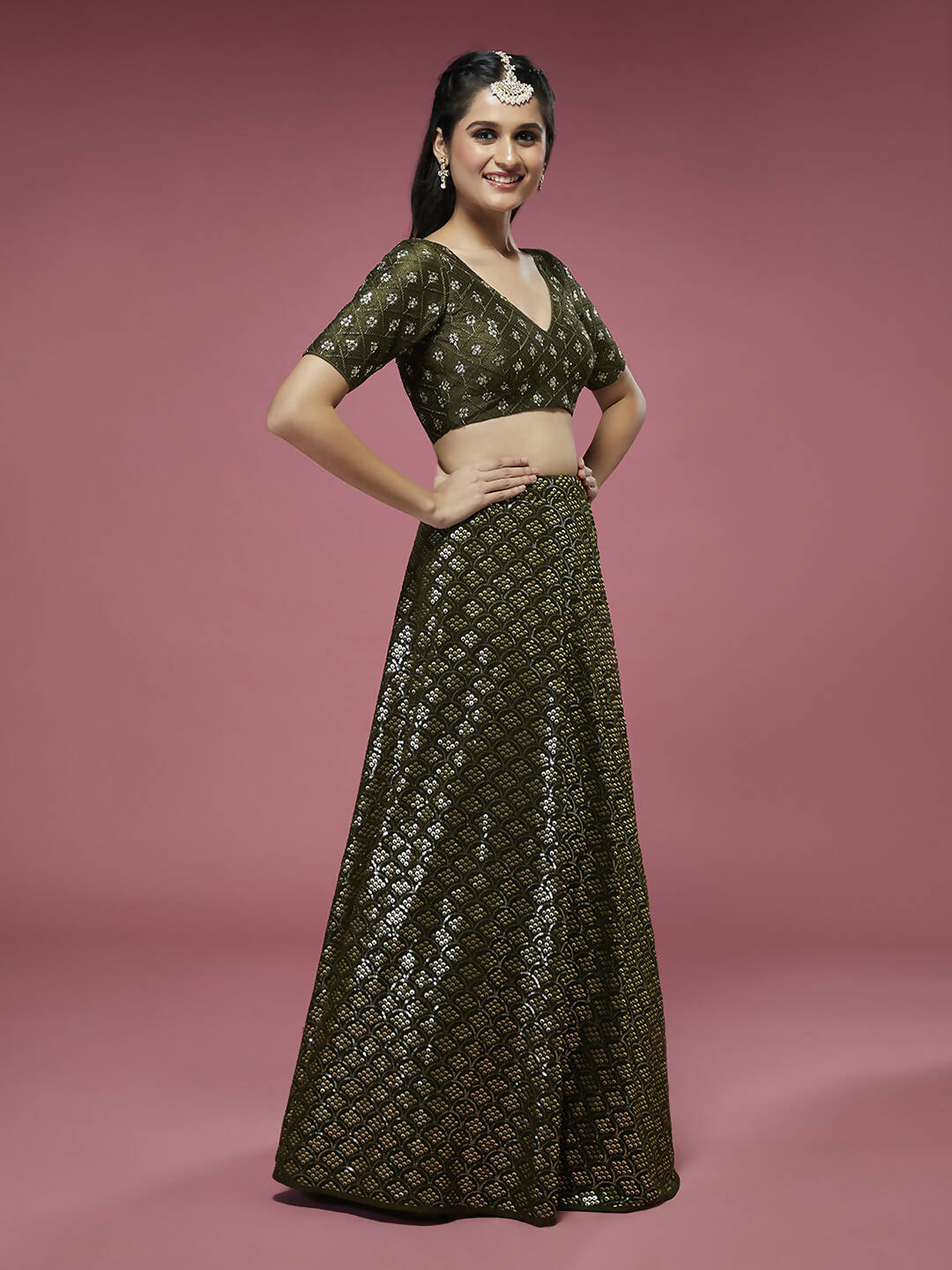 House of Panchhi Olive Georgette Sequinse Embroidered Lehenga & Blouse with Dupatta | Grocsy