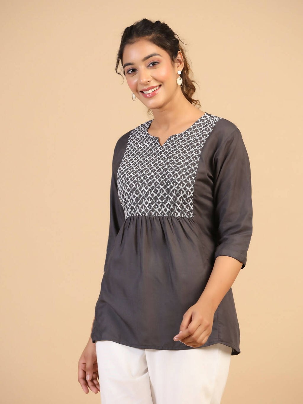Womens Grey Rayon Yoke Embroidered Top - Keeva | Grocsy