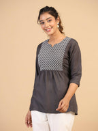 Womens Grey Rayon Yoke Embroidered Top - Keeva | Grocsy