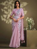 Light Pink Crepe Satin Silk Sequence Embroidered Saree With Stitched Blouse - Mohmanthan La Belle | Grocsy