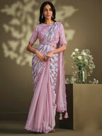 Light Pink Crepe Satin Silk Sequence Embroidered Saree With Stitched Blouse - Mohmanthan La Belle | Grocsy