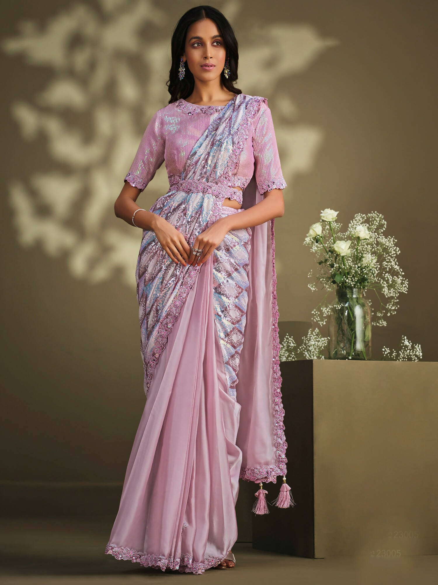 Light Pink Crepe Satin Silk Sequence Embroidered Saree With Stitched Blouse - Mohmanthan La Belle | Grocsy