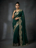 Joban Fashion Green Fandy Satin Silk Party Wear Sarees | Grocsy