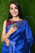 Very Much Indian Handwoven Raw Silk Dupion Saree - Cobalt Blue With Purple Pallu | Grocsy
