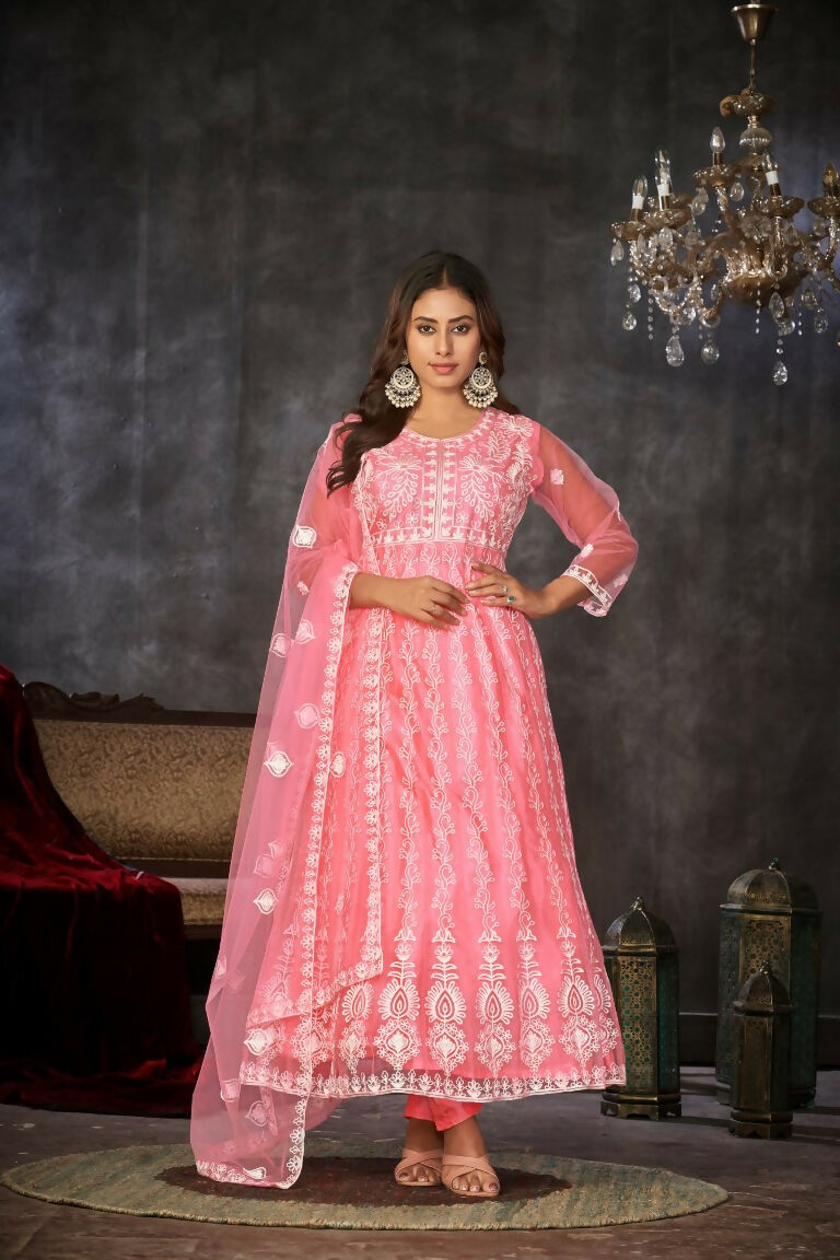 Jyoti Fashion Women's Baby Pink Net Embroidered Anarkali Kurta Pant Set With Dupatta | Grocsy