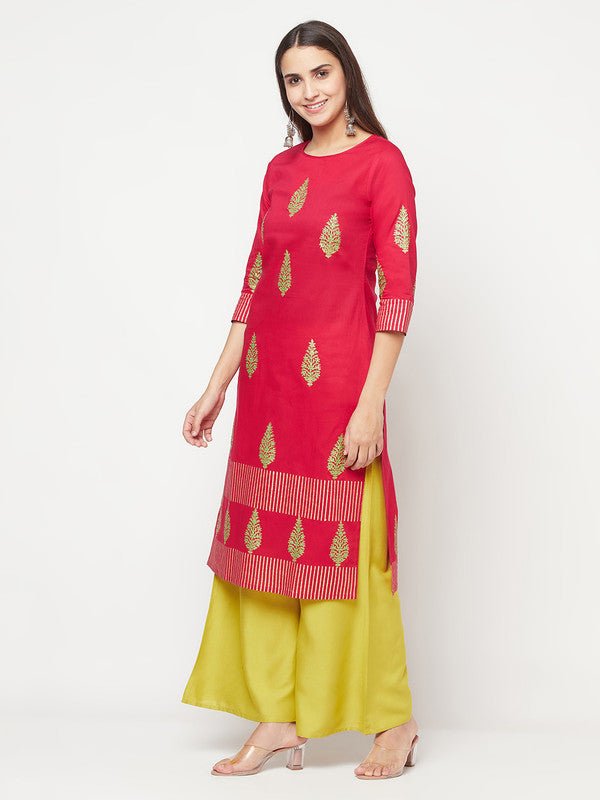 Aniyah Cotton Block Print Fuchsia Color Straight Kurta | Grocsy