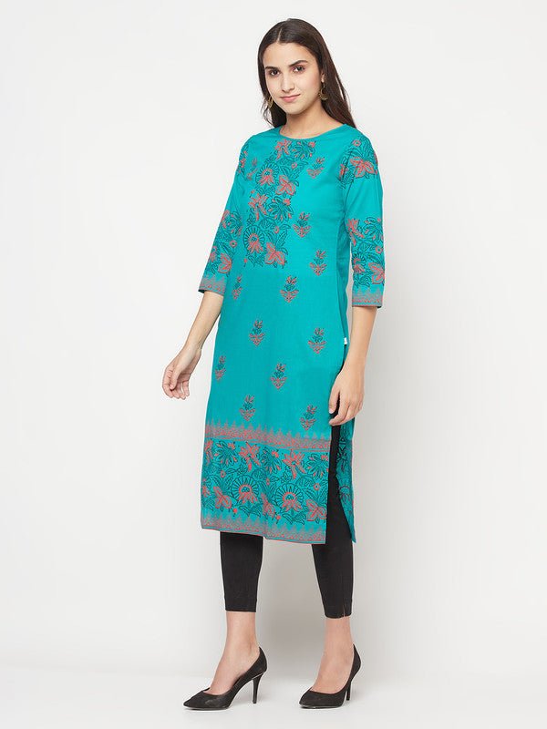 Aniyah Turquoise Cotton Block Print Straight Kurta | Grocsy