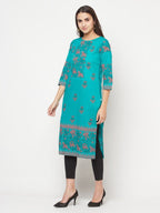 Aniyah Turquoise Cotton Block Print Straight Kurta | Grocsy
