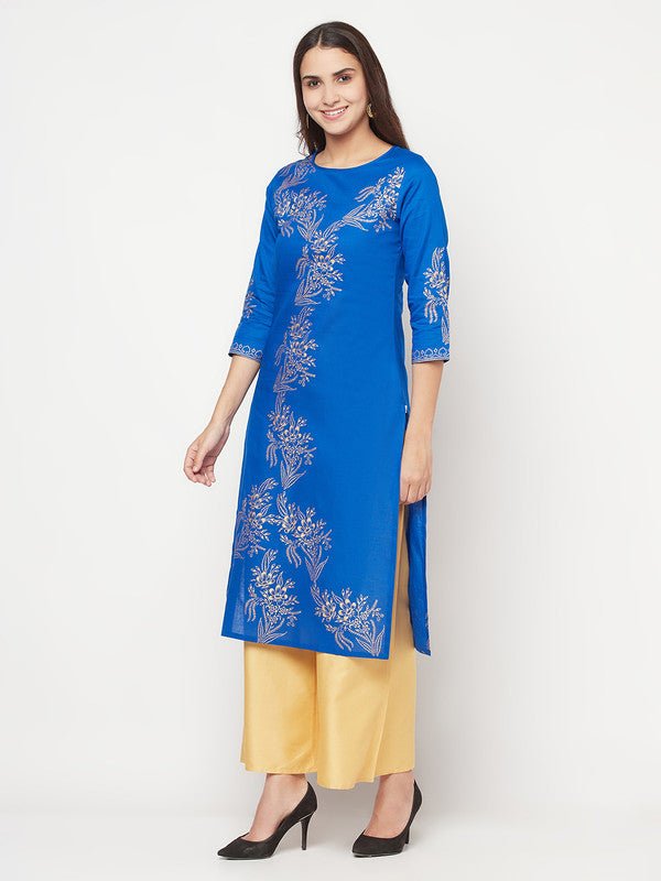 Aniyah Cotton Foil Print Royal Blue Straight Kurta | Grocsy