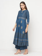 Aniyah Rayon Block Print Blue Anarkali Kurta | Grocsy