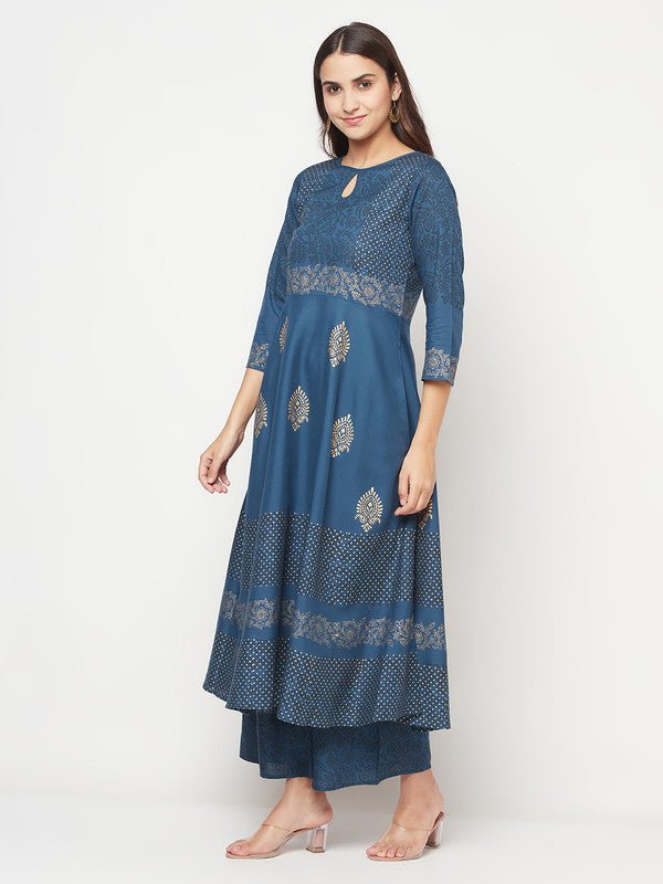 Aniyah Rayon Block Print Blue Anarkali Kurta | Grocsy
