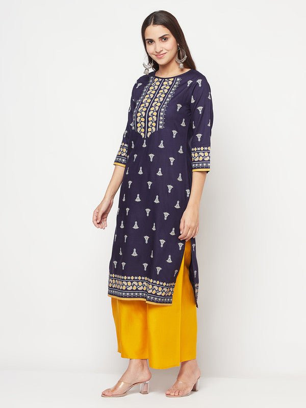 Aniyah Rayon Screen Print Navy Blue Straight Kurta | Grocsy