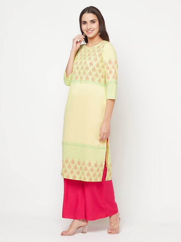 Aniyah Cotton Block Print Lemon Yellow Straight Kurta | Grocsy