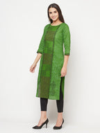 Aniyah Cotton Block Print Green Straight Kurta | Grocsy