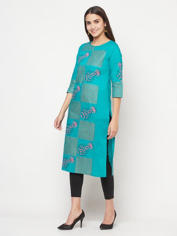 Aniyah Cotton Block Print Turquoise Straight Kurta | Grocsy