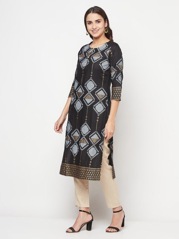 Aniyah Rayon Screen Print Black Straight Kurta | Grocsy