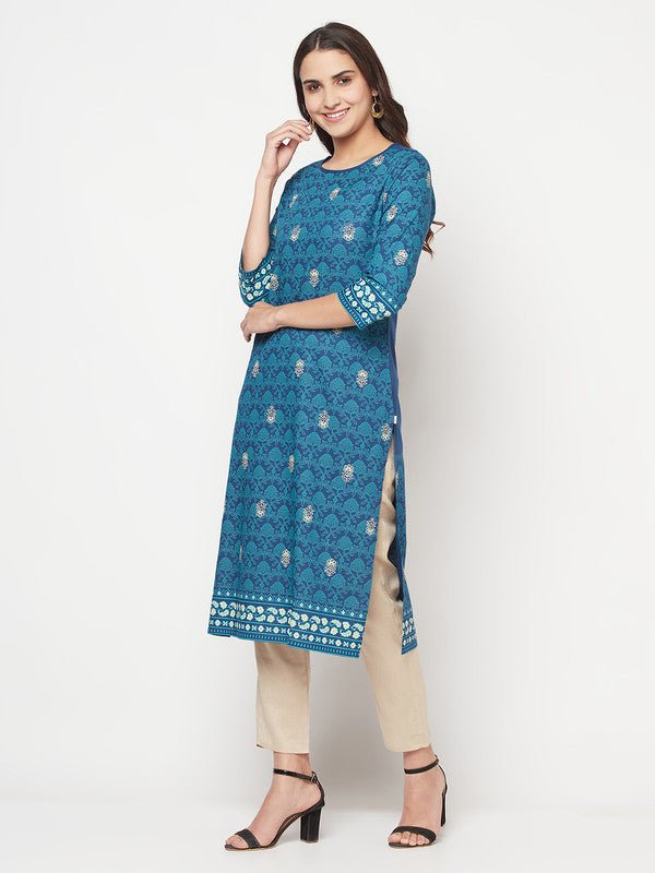 Aniyah Rayon Digital Screen Printed Blue Color Straight Kurta | Grocsy