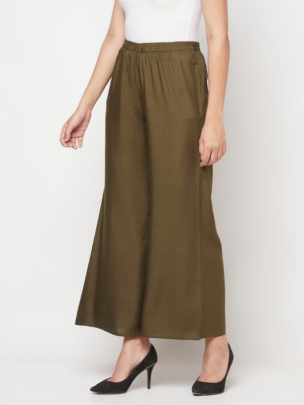 Aniyah Rayon Flared Slip-On Dark Green Palazzo | Grocsy