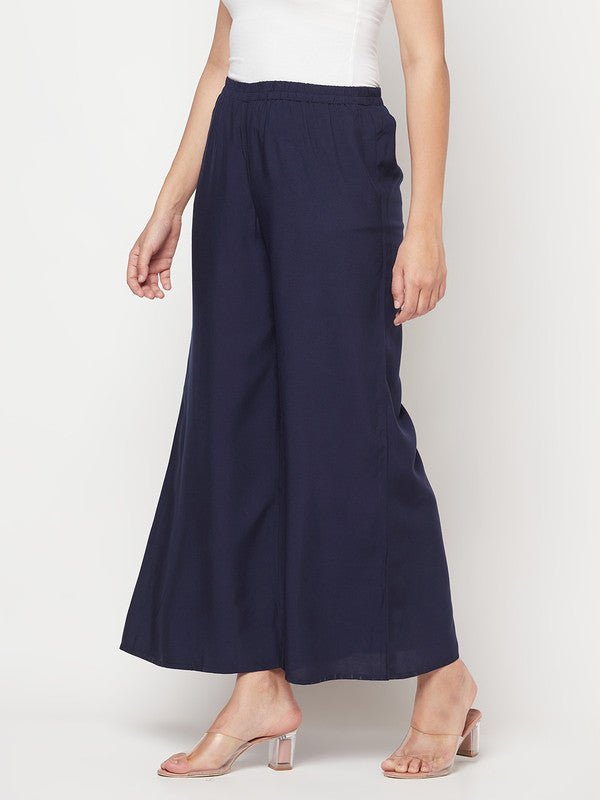 Aniyah Rayon Flared Slip-On Navy Blue Palazzo | Grocsy