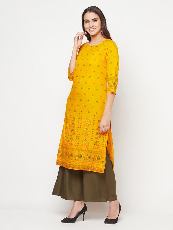 Aniyah Rayon Screen Print Mustard Straight Kurta | Grocsy
