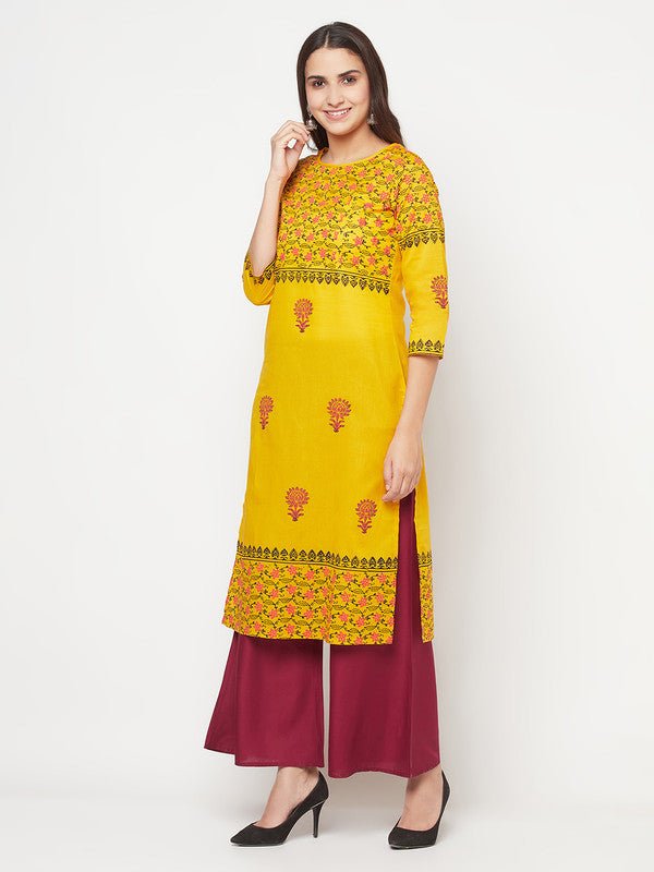 Aniyah Mustard Cotton Block Print Straight Kurta | Grocsy