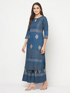 Aniyah Rayon Block Print Blue Straight Kurta Palazzo Set | Grocsy