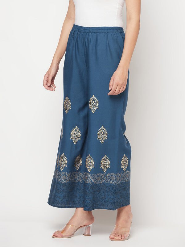Aniyah Rayon Block Print Flared Slip-on Blue Palazzo | Grocsy