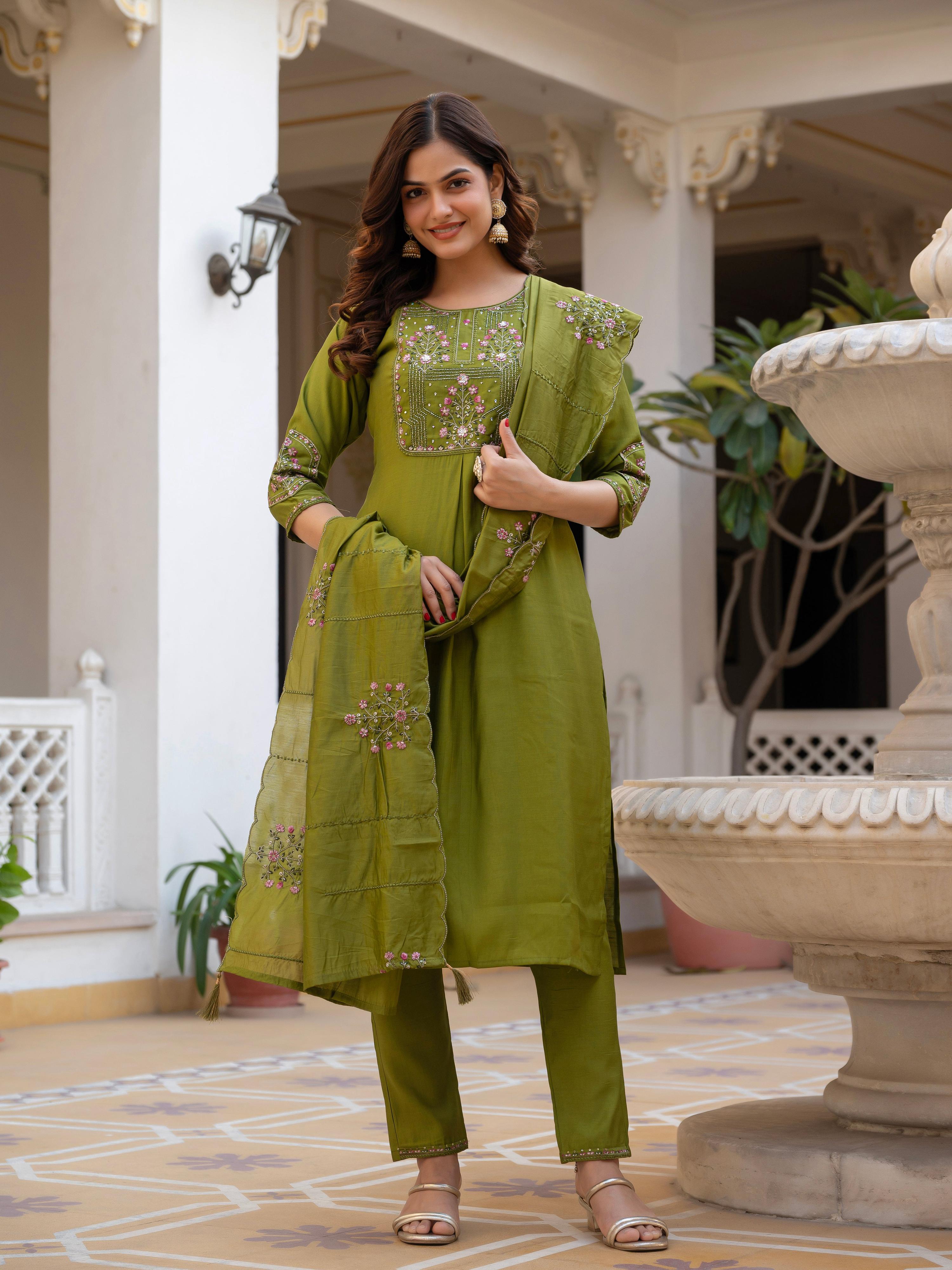 Pramukh Fab Olive Color Viscose Mango Silk Kurta Set | Grocsy