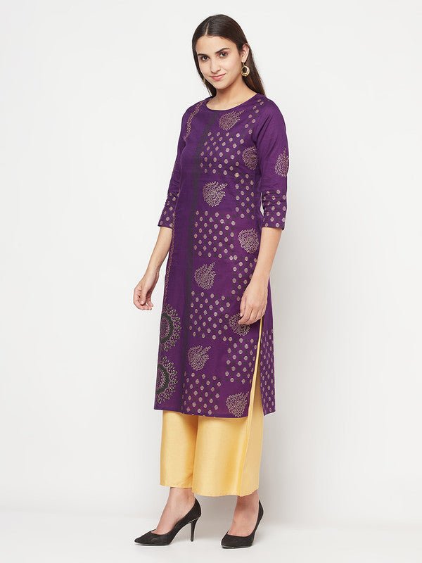 Aniyah Cotton Foil Print Purple Straight Kurta | Grocsy