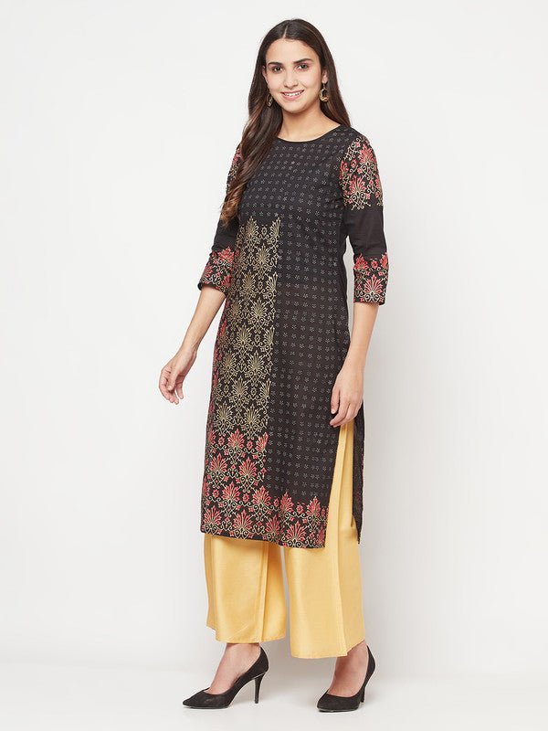 Aniyah Black Color Cotton Block Print Straight Kurta | Grocsy