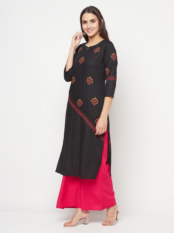 Aniyah Rayon Block Print Straight Kurta - Black | Grocsy