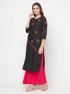 Aniyah Rayon Block Print Straight Kurta - Black | Grocsy