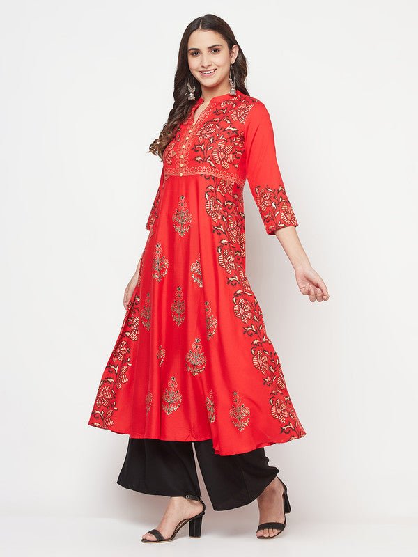 Aniyah Rayon Block Print Red Anarkali Kurta | Grocsy